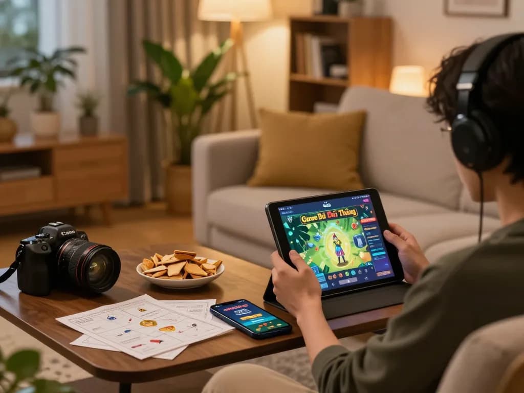 Engaging in Game Bài Đổi Thưởng while strategizing at home, showcasing a modern gaming setup.