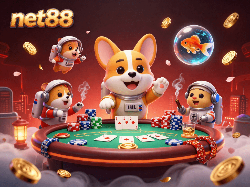 Experience thrilling gameplay at net88 with our vibrant space casino featuring an astronaut corgi and poker action.