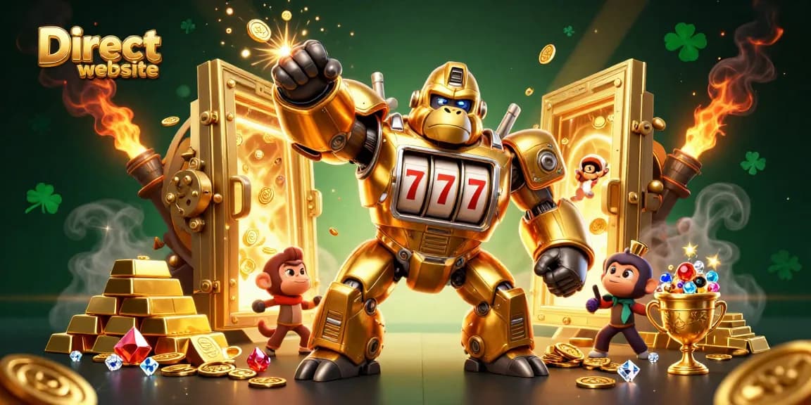 Experience the thrill of a Direct website with a golden gorilla mech amidst a cascade of casino treasures.