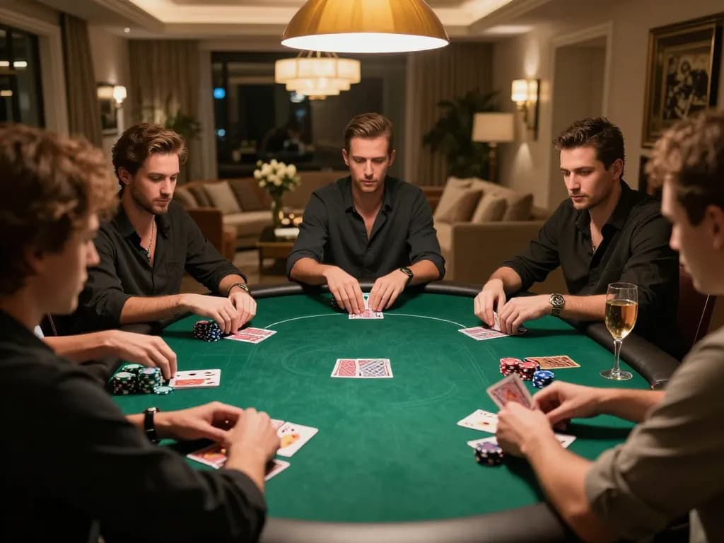 Players strategically compete in poker at a private gathering while enjoying drinks, emphasizing Hitclub's social gambling atmosphere.