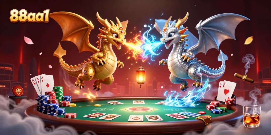 Experience thrilling poker battles with 88aa1 as fiery dragons soar above vibrant casino elements.