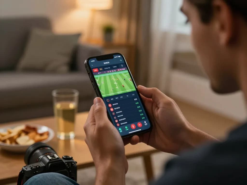 Person placing bets on Sv368 mobile app while enjoying a game in a cozy living room.