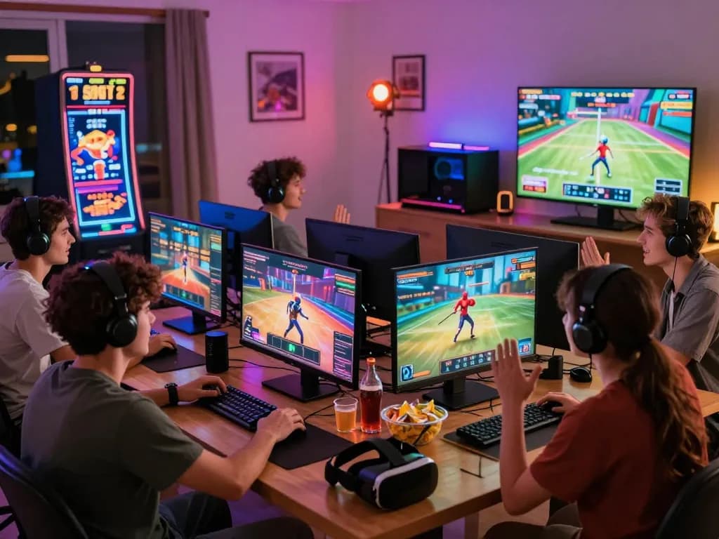 Friends enjoying the hitclub online gaming experience with vibrant LED lights and virtual reality.