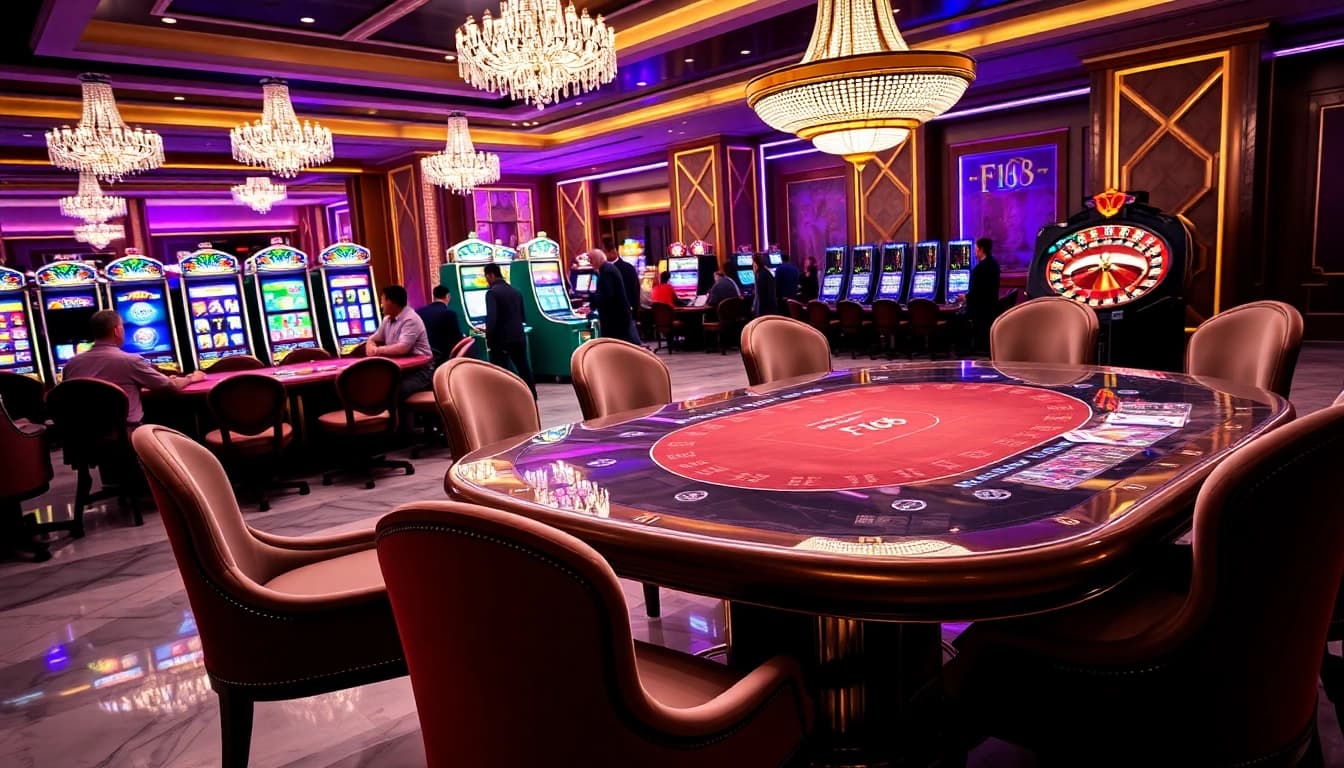 Experience thrilling gambling action at F168 with luxurious gaming tables and vibrant slot machines.