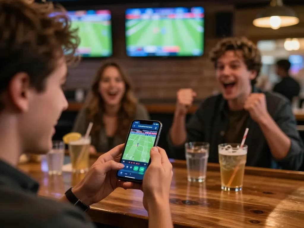 Excited sports betting with a smartphone on game day at a bar, featuring KUWIN. COM betting action