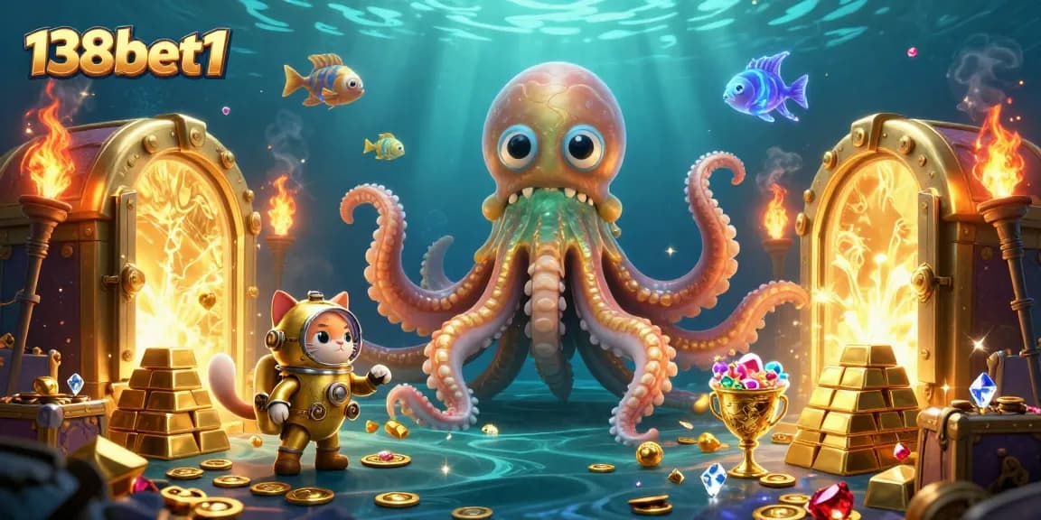 Join the adventure with 138bet1, showcasing a kraken and treasure-filled scene for thrilling gaming.
