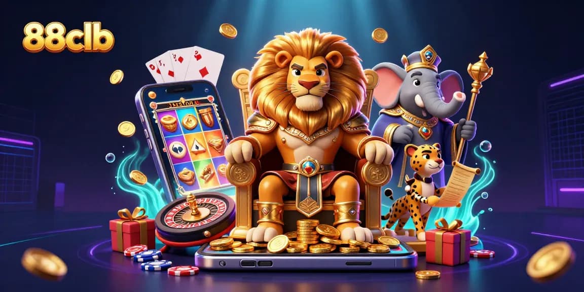 Join the excitement at 88clb with casino-themed characters, vibrant game elements, and golden treasures.