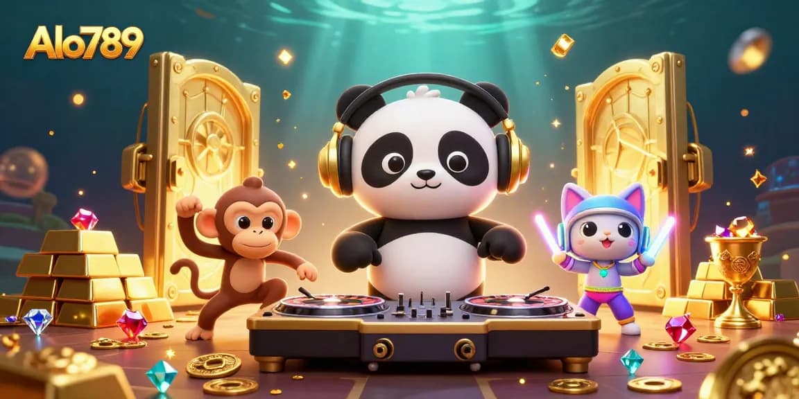 Alo789 entertains with a DJ panda and breakdancing monkey while showcasing grand casino elements.