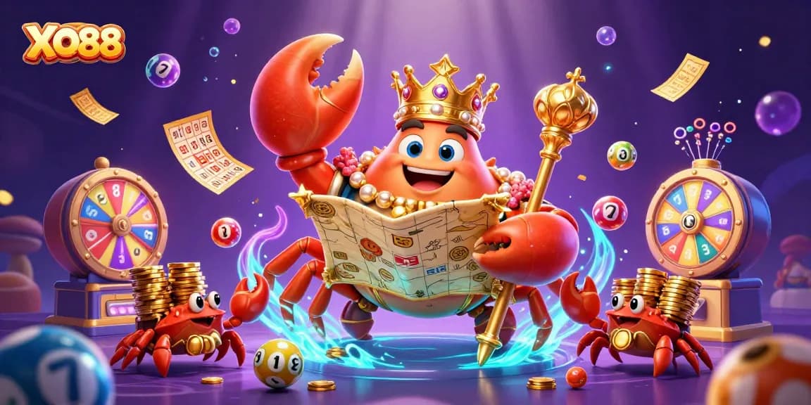 Play at XO88 and join the golden crab emperor in a vibrant gambling adventure.