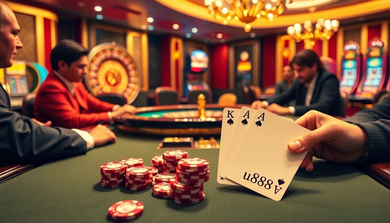 Experience the excitement of poker at u8888, featuring intense gameplay and vibrant casino scenes.