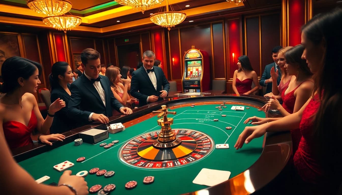 Players engaging in a thrilling roulette game at dh88 casino with vibrant colors and high stakes.