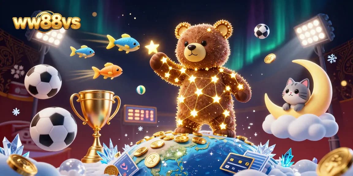 Engage in gambling excitement with ww88vs featuring a constellation bear, sports elements, and a dynamic, lively scene.
