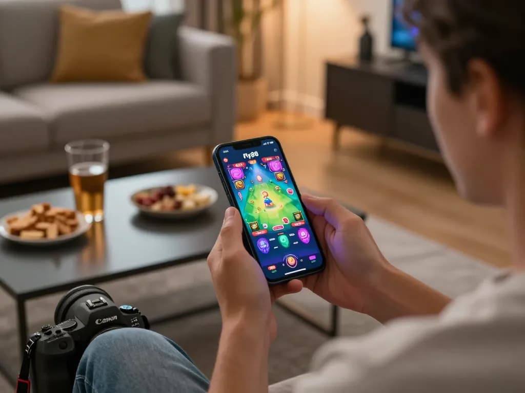 Fly88 user excitedly playing games on smartphone in cozy living space