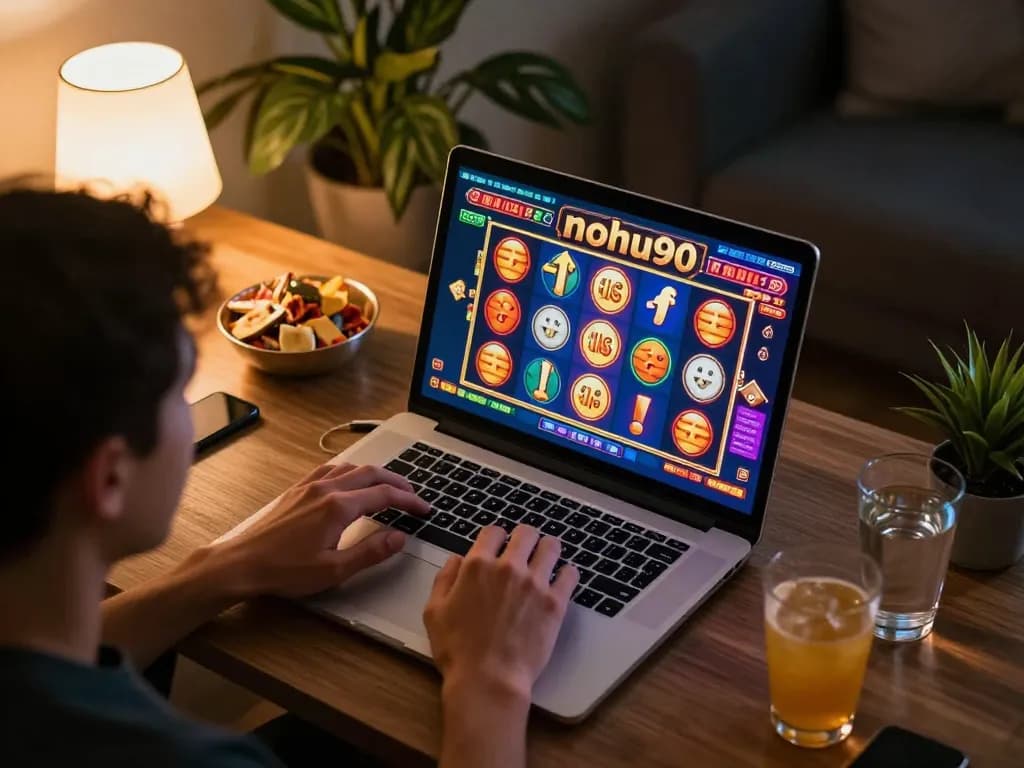 Nohu90 player enjoying an exciting slot game on a laptop at home, emphasizing immersive gaming.