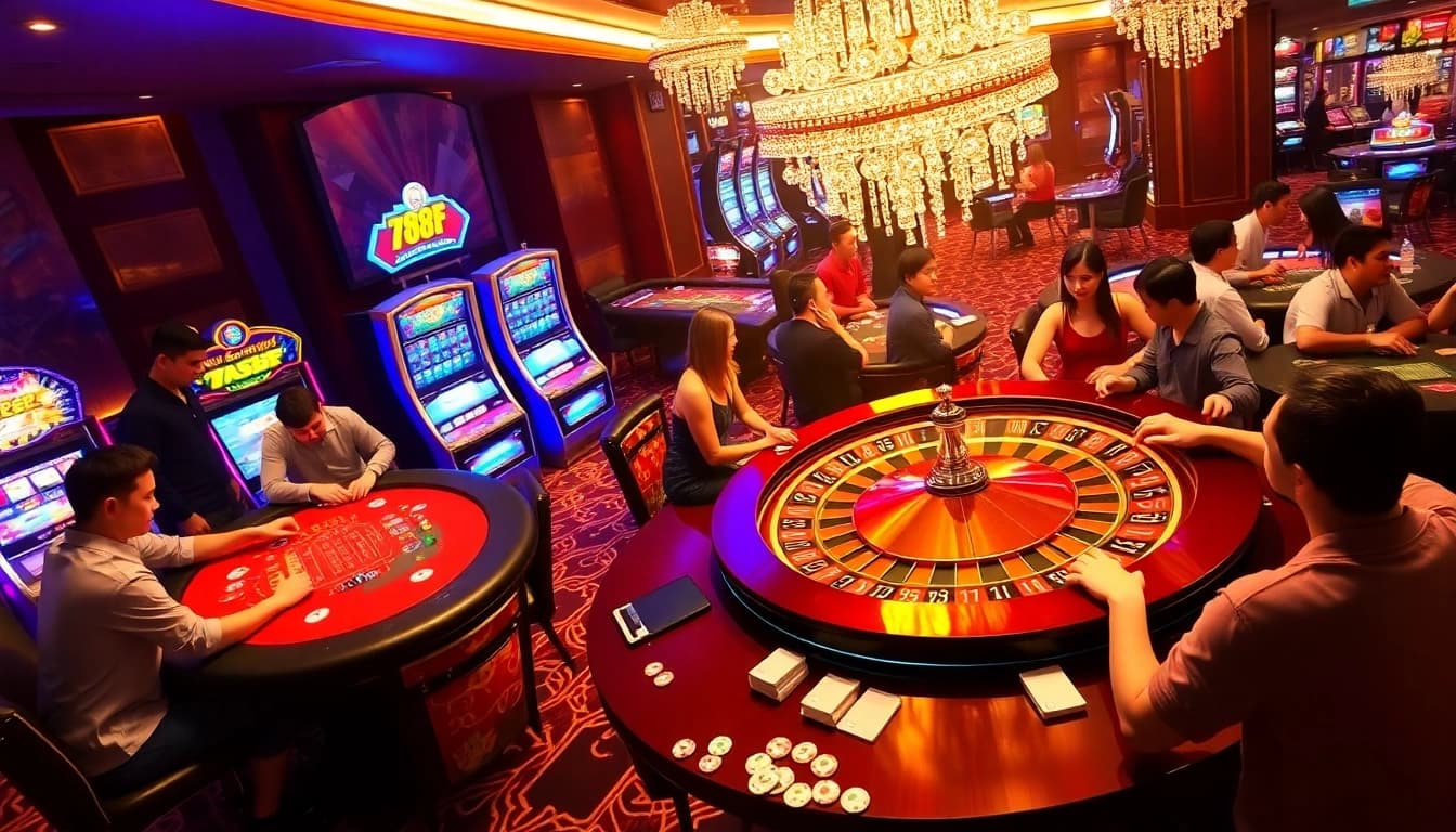 Experience the excitement of gambling at 789F with lively casino tables and players engaged in action.