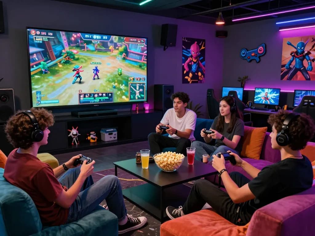Friends enjoying a gaming session at Sonclub, vibrant lounge with controllers and snacks.
