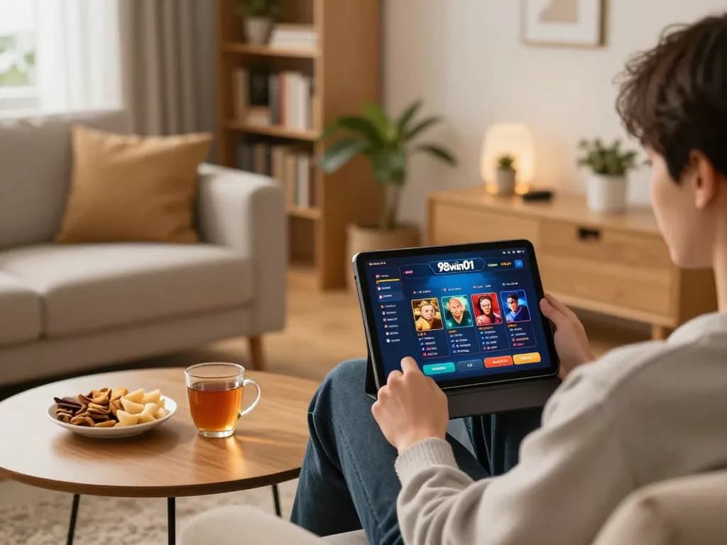 Engaging in responsible gaming with 98win01 on a tablet in a cozy home setting.