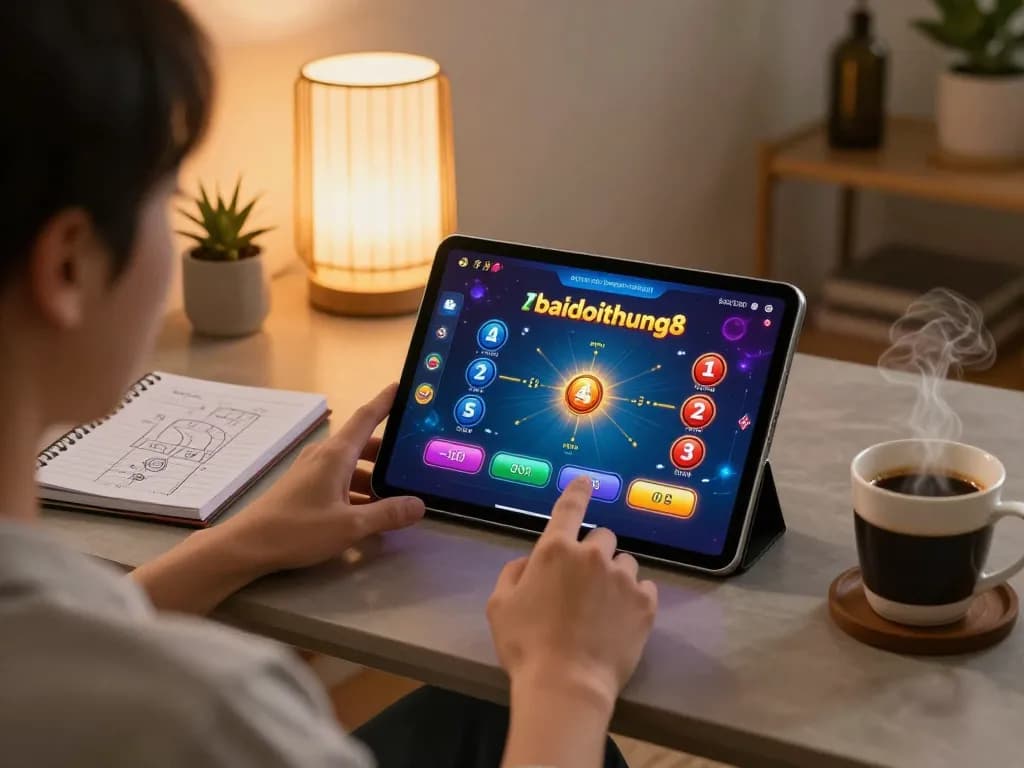 Engaging with gamebaidoithuong8 on a tablet during a cozy home gaming session