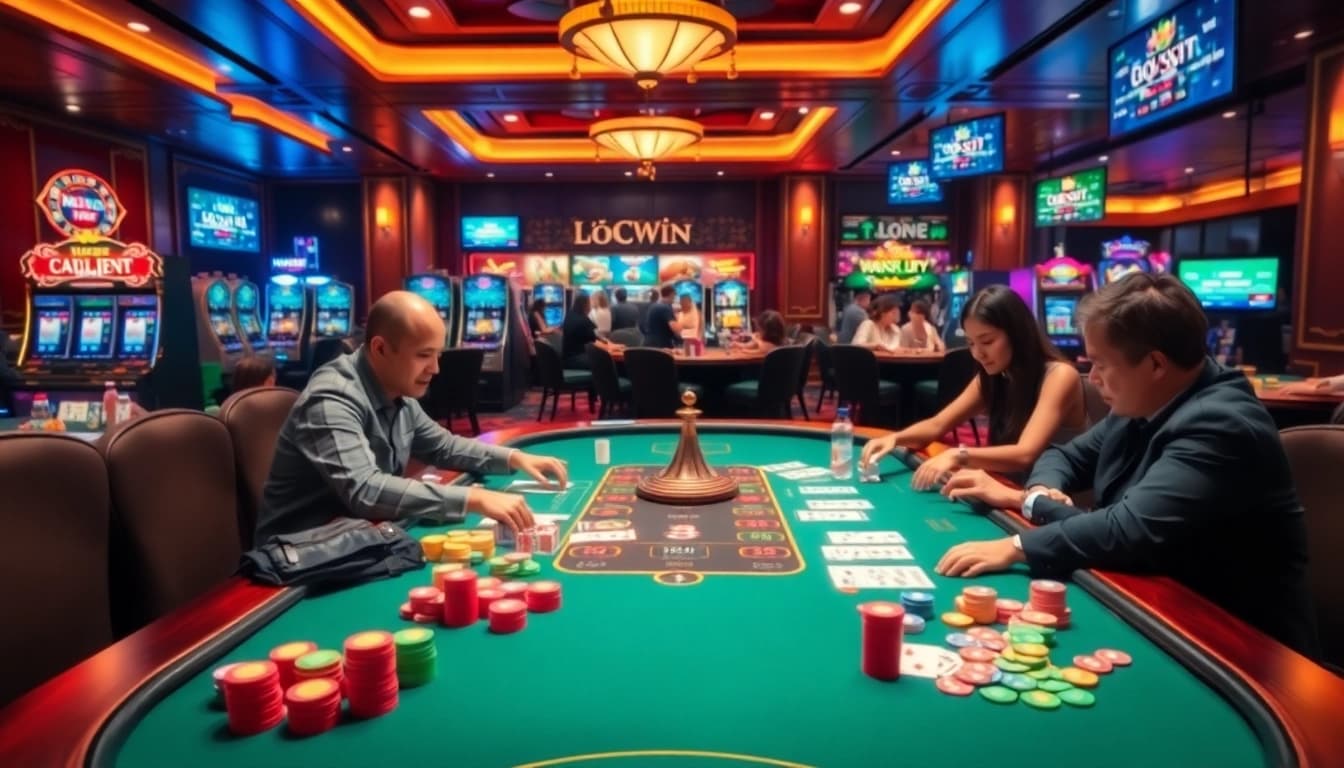 Lô đề Sunwin gaming scene with players at a vibrant casino table, filled with betting slips and poker chips.