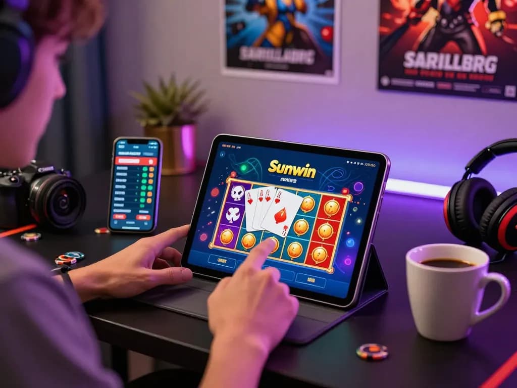 Explore the vibrant gaming experience with tải sunwin on tablet amid colorful game visuals and accessories.
