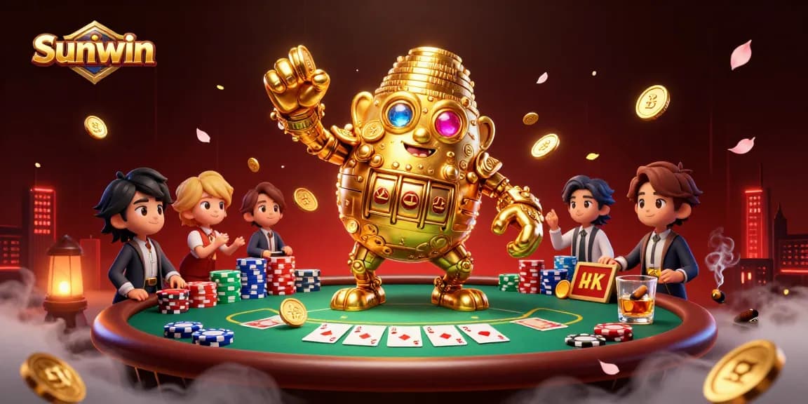 Sunwin offers an exhilarating dynamic scene featuring a golden golem alongside poker elements and vibrant animations.
