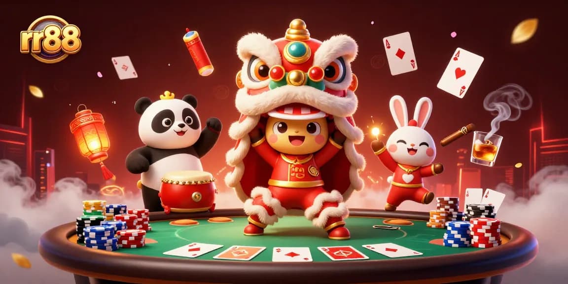 Engage with rr88 as characters celebrate with games, poker chips, and festive elements.