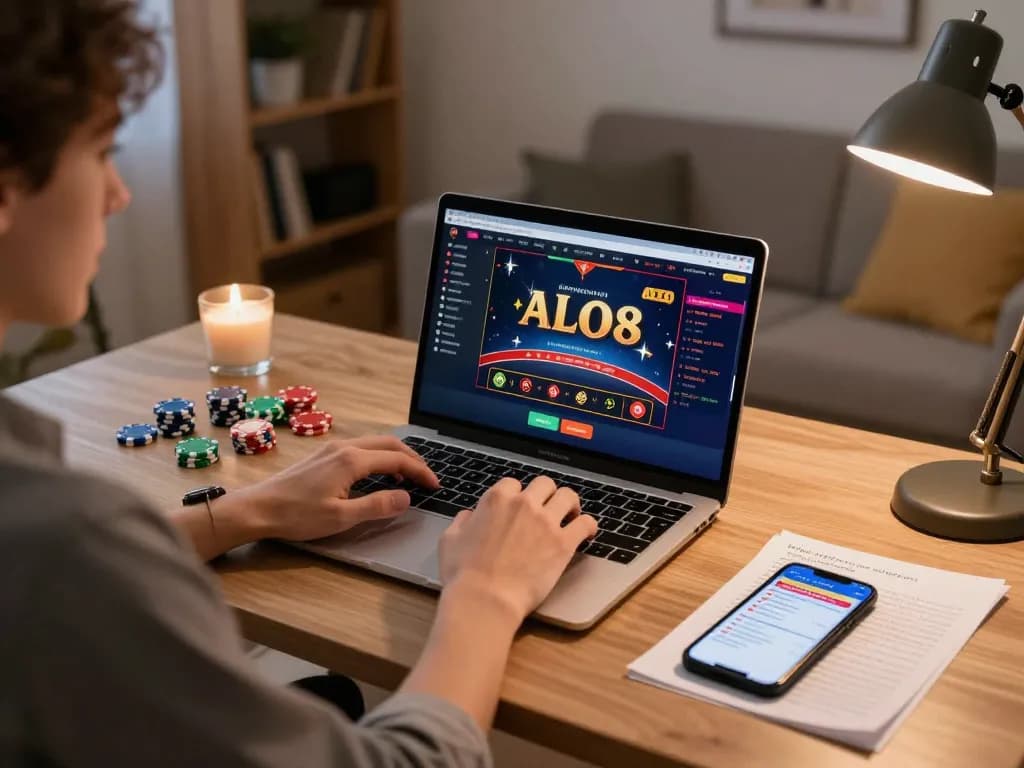 Player using ALO8 online casino interface on laptop with colorful chips and strategy notes