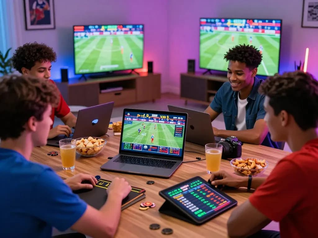 Online gaming excitement captured with friends enjoying 789wincom betting experience in vibrant living room.