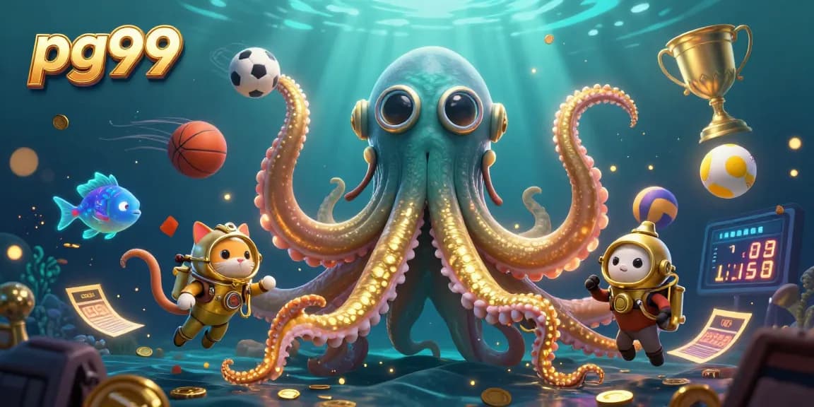 Experience thrilling underwater adventures at pg99 with a kraken, diving cat, and vibrant fish!