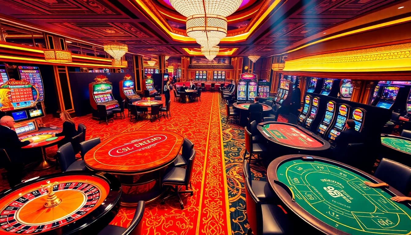 Experience high-stakes excitement at 98win's lavish casino with vibrant tables and slot machines.