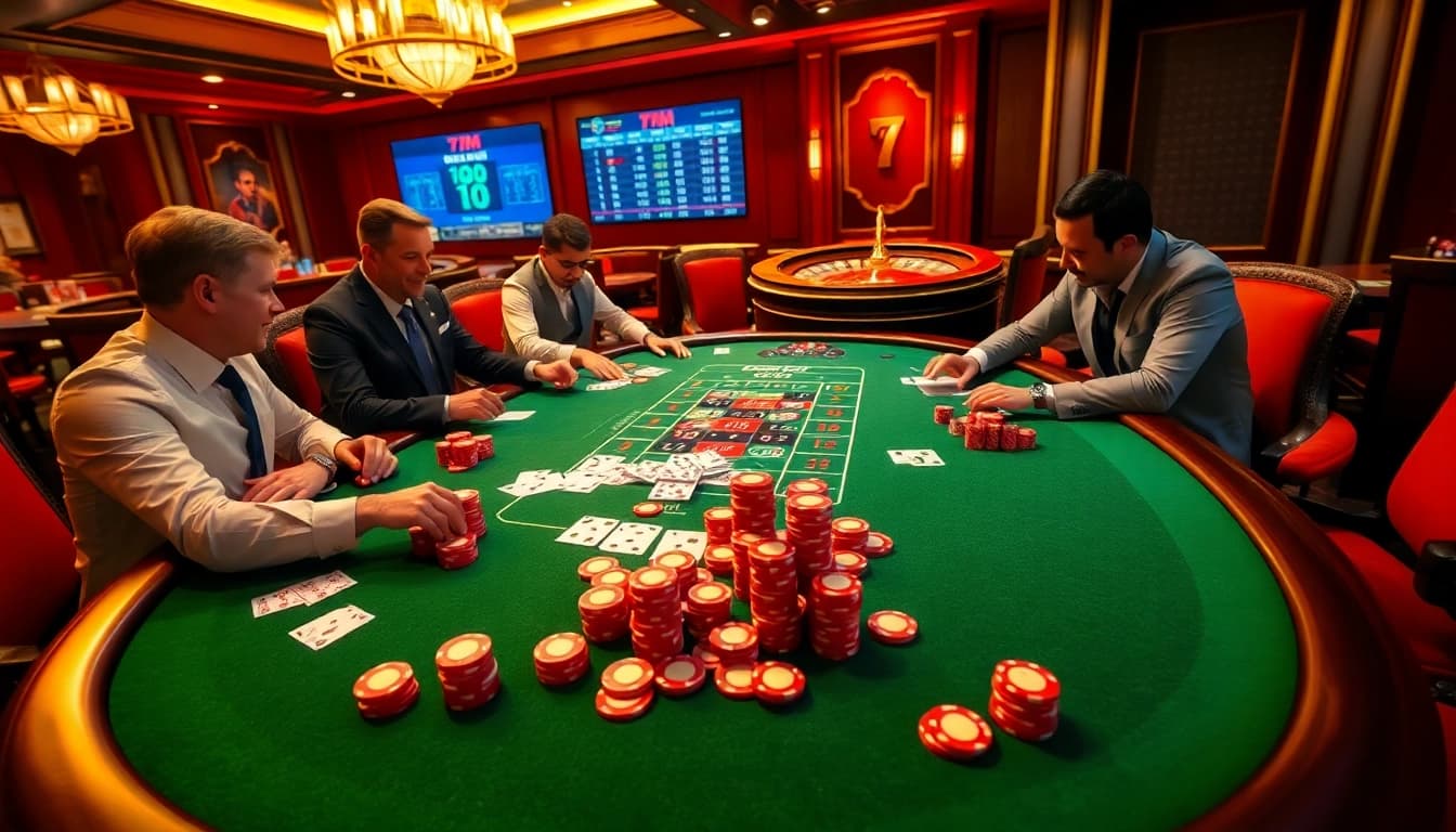 Experience high-stakes poker at a luxurious casino with 7M live scores in the backdrop.