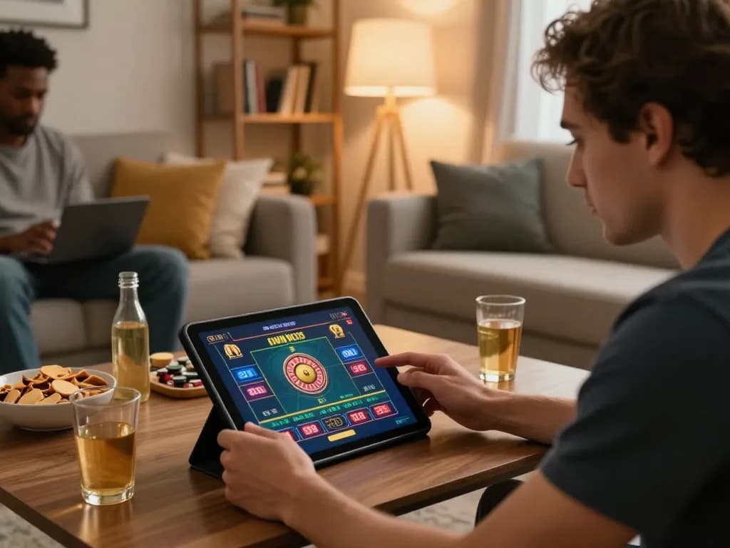 Player engaging with 88vv online casino on tablet, showcasing live roulette game in cozy home setting.