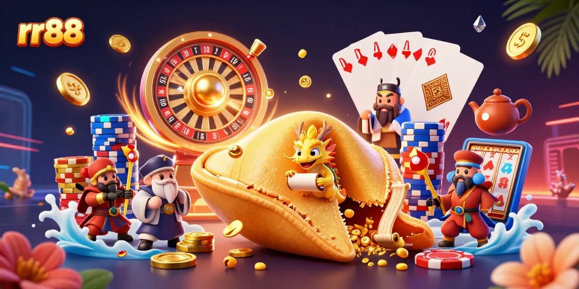 Experience winning with rr88's vibrant casino scene, featuring golden treasures and lively characters.