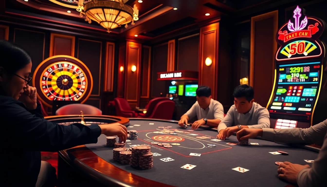 Kèo Nhà Cái betting slips on a professional poker table in a luxurious casino setting.