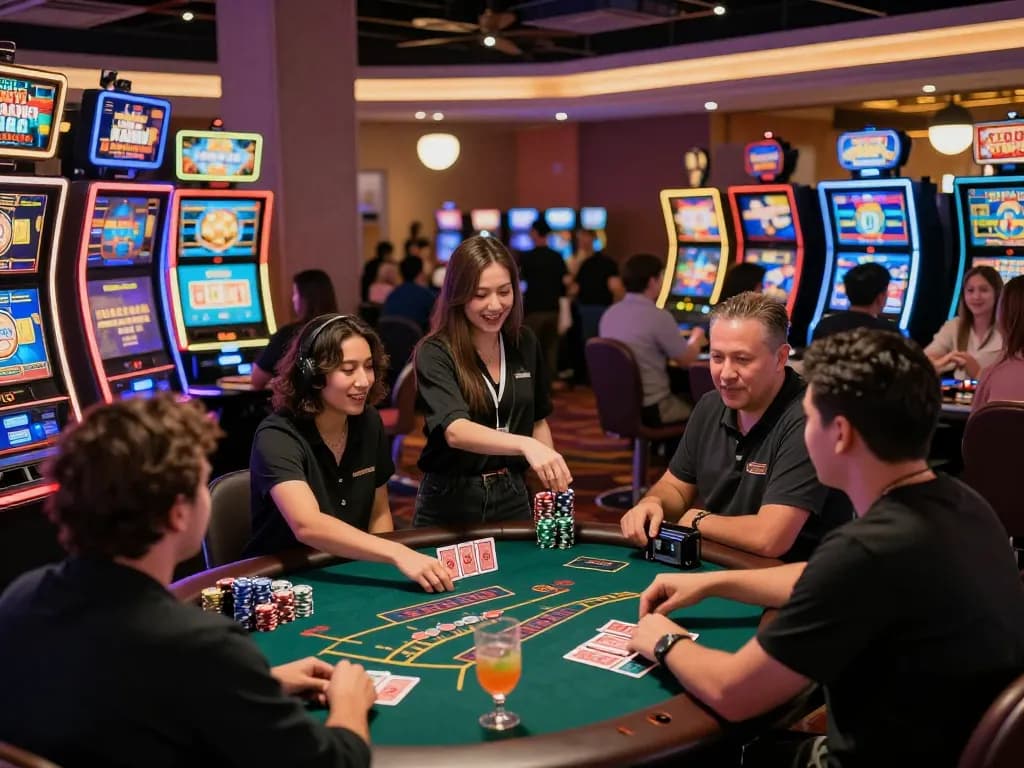 Exciting TK88 gaming scene with players at vibrant casino tables and bright slot machines.
