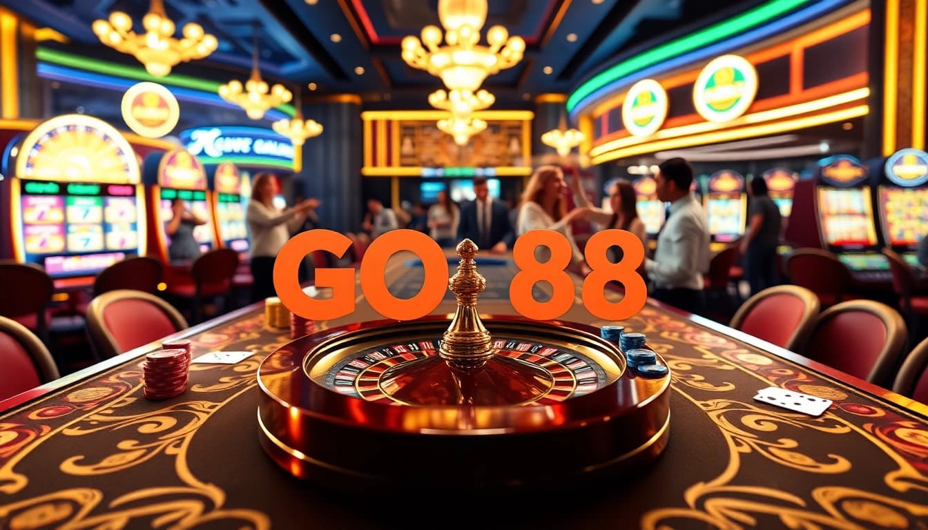 Players celebrating their wins at the luxurious GO88 casino table, surrounded by vibrant gaming elements.