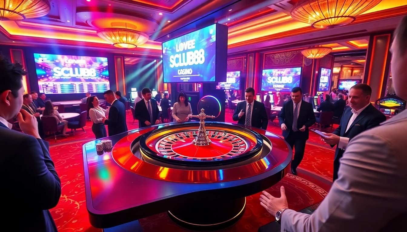 SCLUB88 players placing bets at a vibrant casino roulette table in an exciting setting.