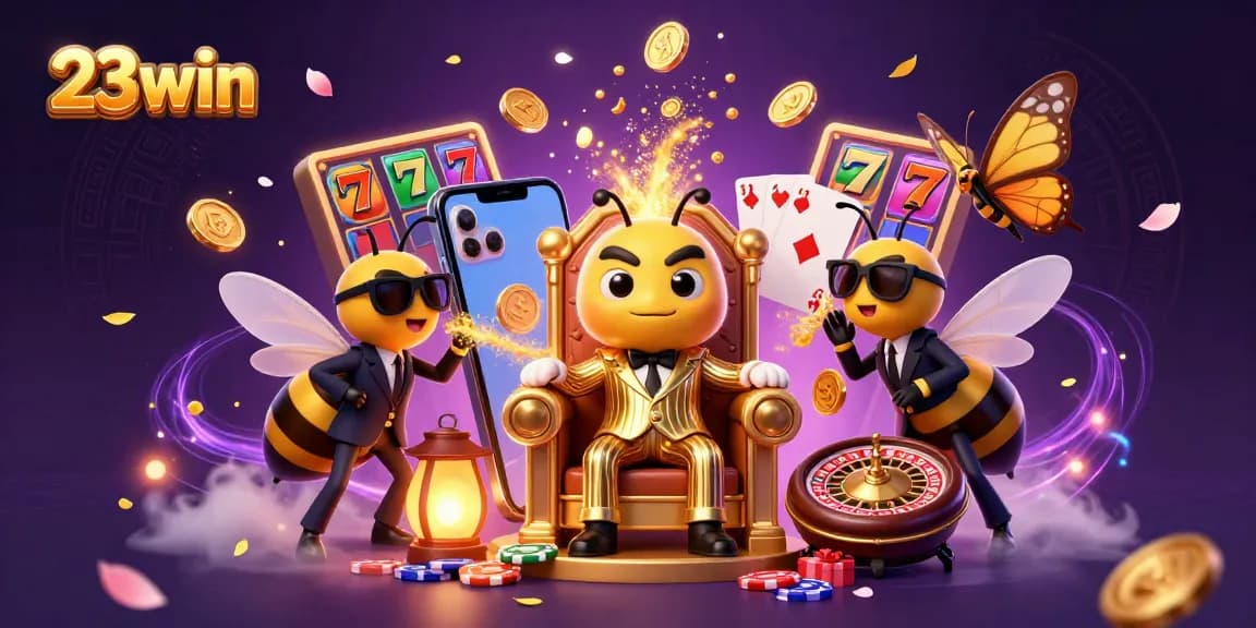 Experience thrilling slots and casino fun with 23win's immersive 3D illustration showcasing excitement.