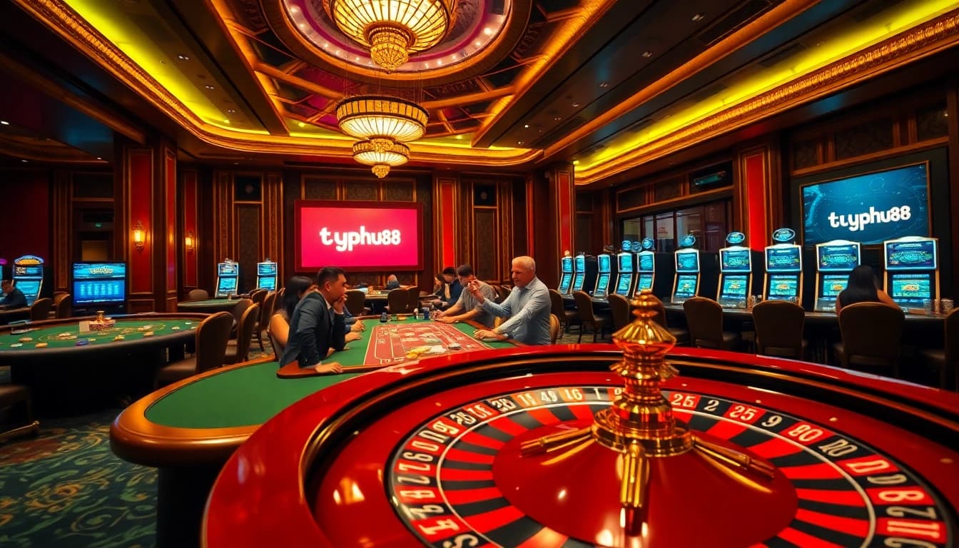 Engaged players at typhu88 casino tables, showcasing excitement in a luxurious gambling environment