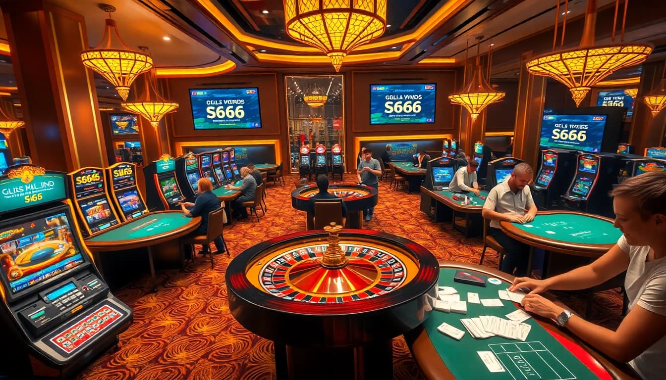 S666 offers a thrilling casino environment with players enjoying roulette and poker games, capturing the essence of excitement and luxury.