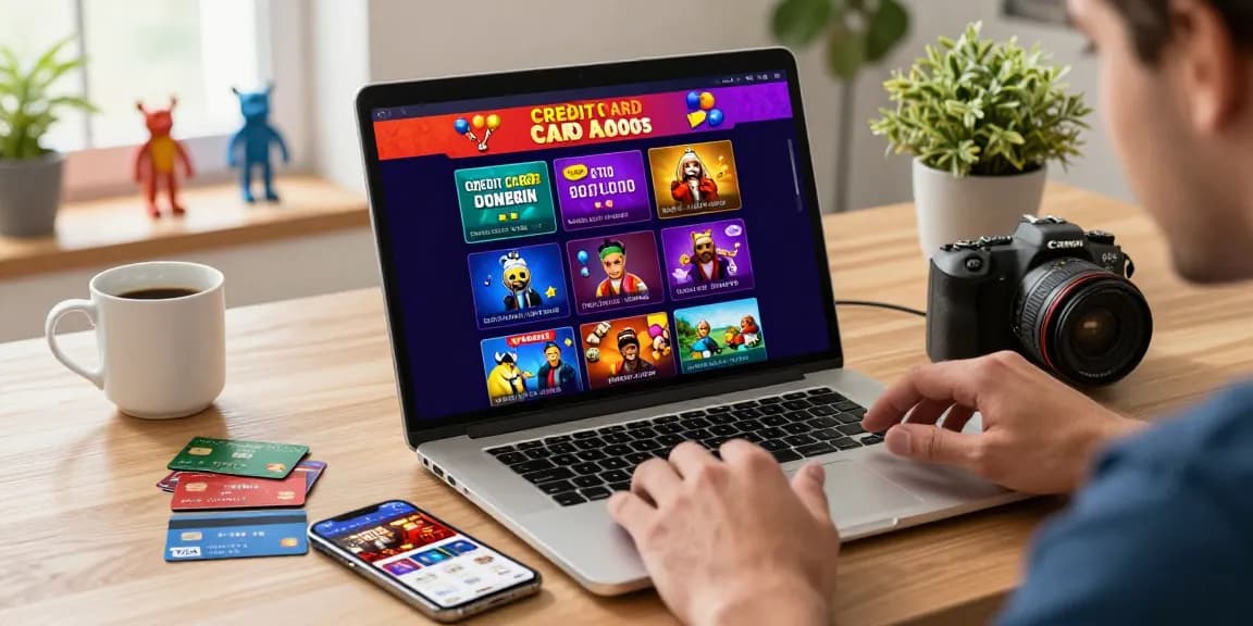 Player exploring credit card casino options on laptop with credit cards displayed in a warm home setting.