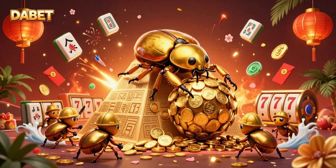 DABET's vibrant casino scene features a golden beetle and casino symbols, illustrating dynamic online gaming.