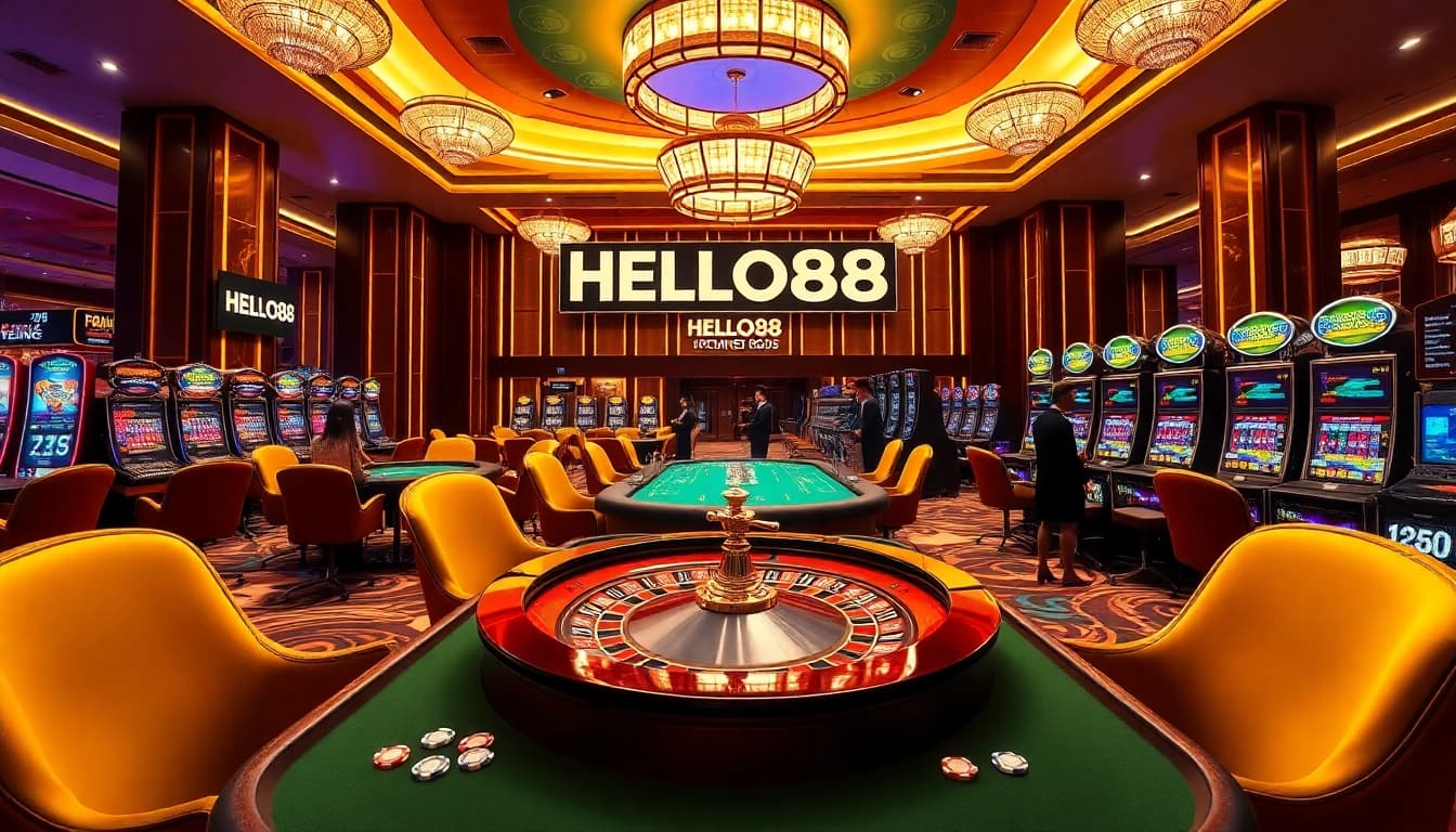 HELLO88 players enjoying a lively casino scene with poker chips and a roulette wheel.