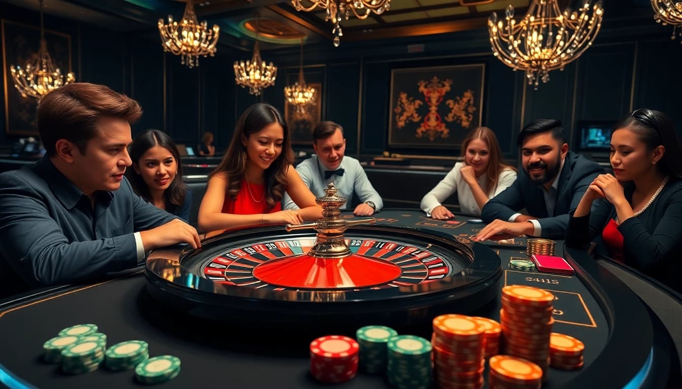 Bets placed at the luxurious casino table on https://bem88.com, featuring poker chips and a roulette wheel.
