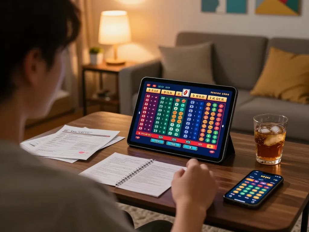 Engaging in lô đề online gaming on a tablet in a cozy home setting with strategic notes.