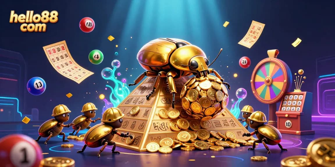 Experience excitement at hello88 com with a golden dung beetle and vibrant casino elements.