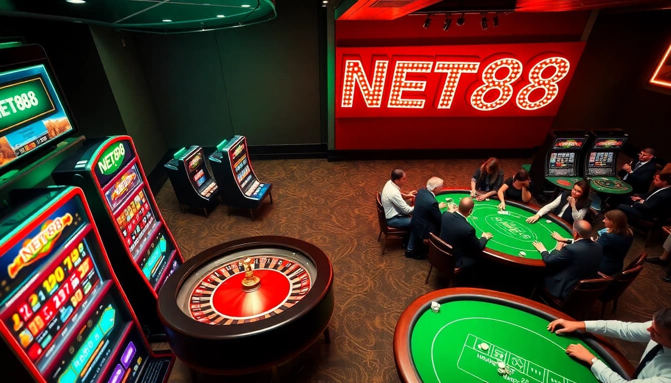Experience excitement at NET88 Casino with vibrant tables, slot machines, and engaging players.