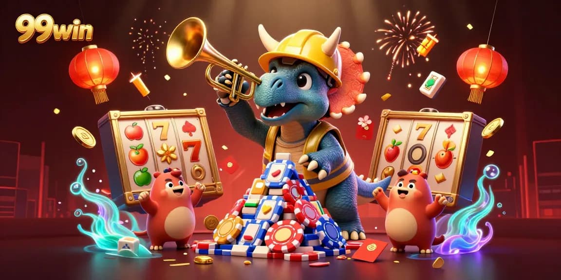 Experience the thrilling excitement of 99win with a vibrant casino celebration scene featuring poker chips, jackpots, and cheering characters.