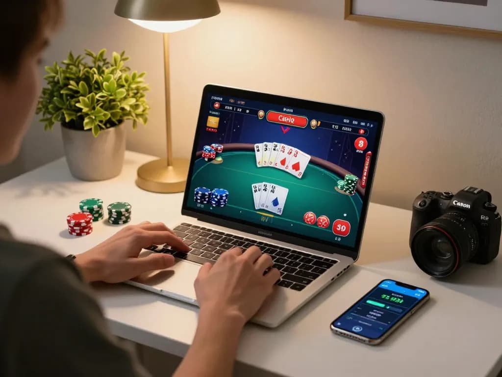 Engaging in online baccarat with kèo nhà cái prominently displayed on the screen in a cozy home setting.