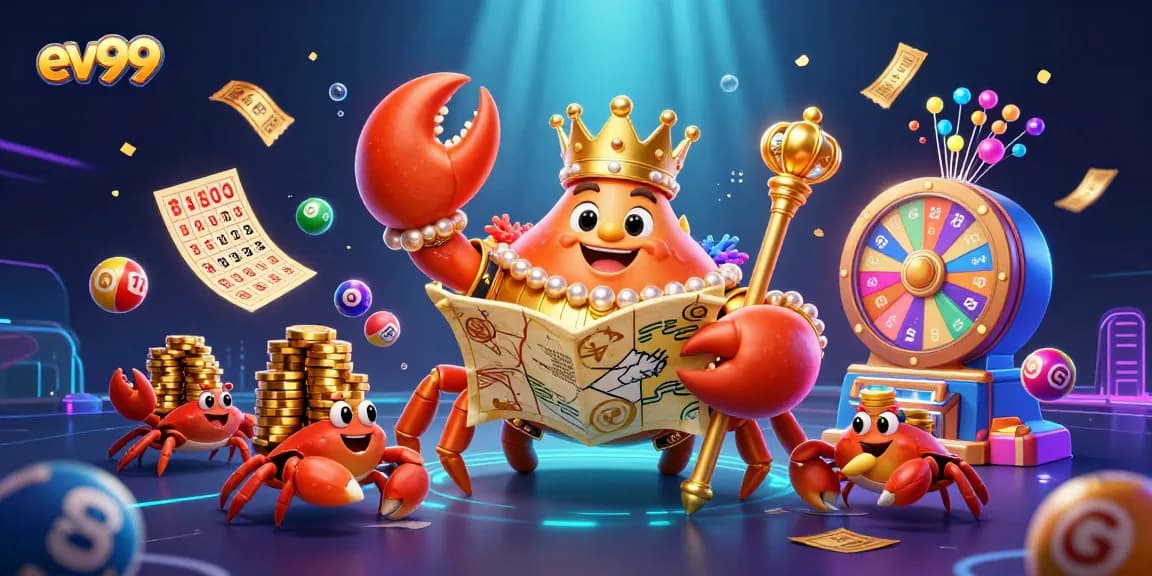 ev99 game featuring a golden crab emperor amidst dynamic lottery and casino elements, symbolizing exciting online gambling